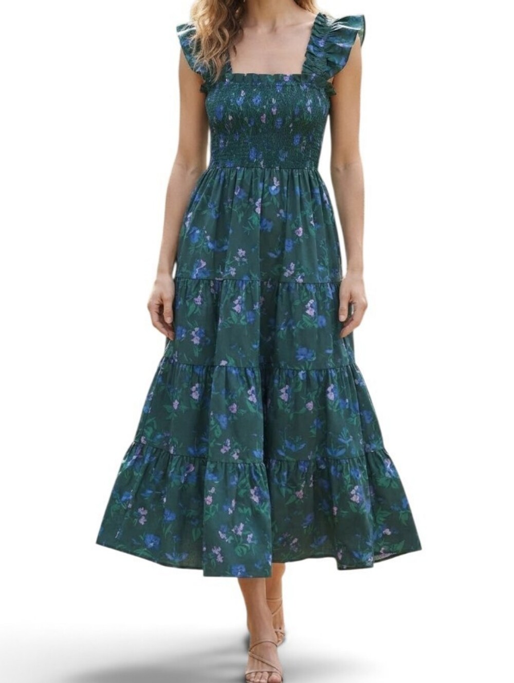 Hill House Home The Ellie Nap Dress Green Floral Smocked Ruffle Midi Dress Size